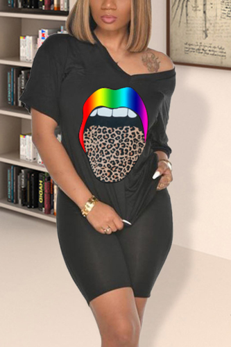 Black Fashion Casual Printed T-shirt Shorts Set