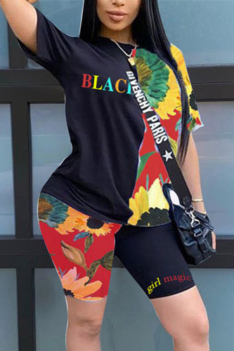 Black Fashion Casual Printed Short Sleeve Shorts Set