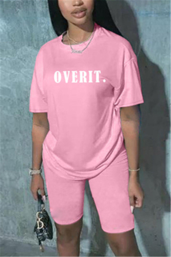 Pink Fashion adult Active Letter Print Two Piece Suits Patchwork Straight Short Sleeve Two-Pie