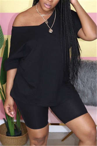 Black Casual V-neck Short Sleeve Top Shorts Set
