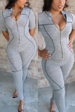 Grey Fashion street zipper Patchwork Solid Short Sleeve O Neck Jumpsuits