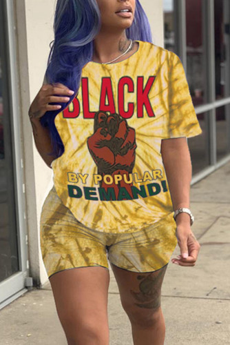 Yellow Fashion Casual Printed T-shirt Shorts Set