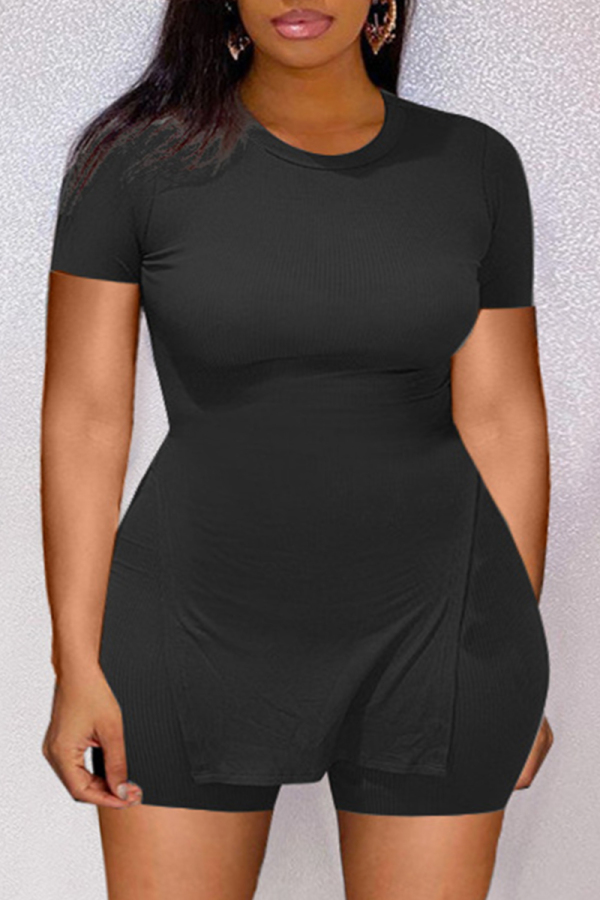 Black Fashion Casual Solid Slit O Neck Plus Size Two Pieces