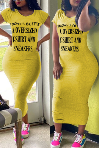 Yellow Fashion Casual Printed Short Sleeve Dress