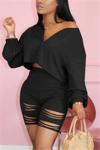 Black Fashion Casual Broken Hole Pants Set