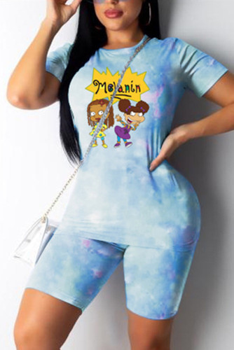 Light Blue Fashion Cartoon Printed T-shirt Casual Set