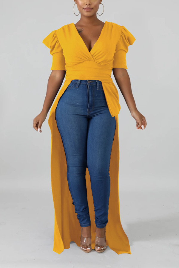 Yellow Fashion Short Sleeve Irregular Tops