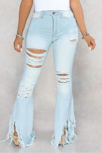 Light Blue Fashion Sexy Ripped Denim Trousers