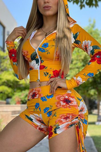 Yellow Fashion Print Zipper Tops Shorts Set
