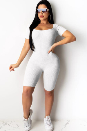 White Sexy Fashion Hollow Solid Backless bandage Short Sleeve Turndown Collar Rompers