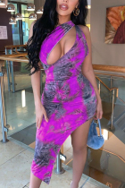 Purple Sexy Sleeveless Printing Irregular Dress