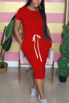 Red Fashion Casual Short Sleeve Long Dress