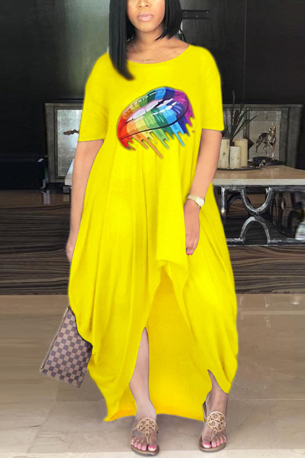 Yellow Fashion Printing Loose Irregular Dress
