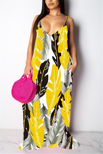 Yellow Fashion Sexy Printed Sling Loose Dress
