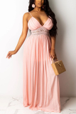 Pink adult Casual Fashion Spaghetti Strap Sleeveless Slip Swagger Floor-Length Solid Patchwork