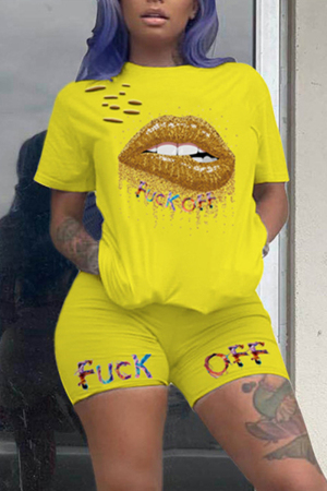 Yellow Fashion Casual Lips Printed T-shirt Set