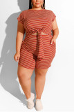 Red Fashion Casual Striped Plus Size Two-piece Set