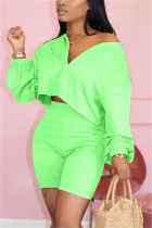 Fluorescent green Fashion Casual Shorts Two-piece Set