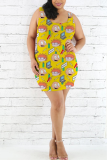 Yellow Fashion Casual Printed Sleeveless Plus Size Dress