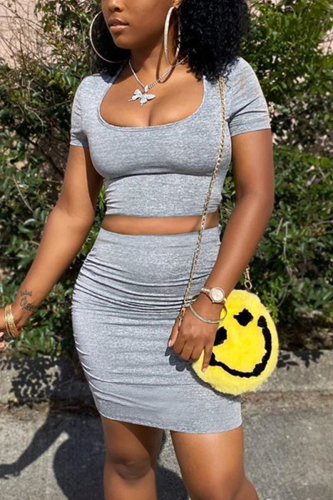 Grey Sexy Short Sleeved T-shirt Skirt Slim Set