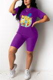 Purple Fashion Cartoon Printed T-shirt Shorts Set