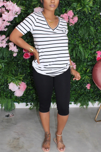 Black Fashion Casual Striped Print T-shirt Pants Set