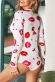 Red Fashion Sexy Patchwork Print Button Long Sleeve V Neck 