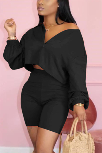 Black Fashion Casual Shorts Two-piece Set