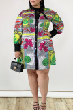 Multicolor Fashion Plus Size Printed Shirt Dress