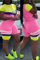 Pink Fashion Casual Stitching Short Sleeve Shorts Set