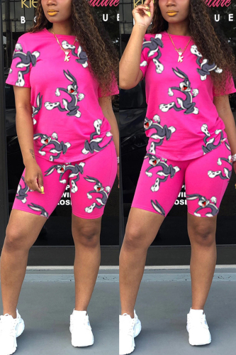Rose Red Fashion Rabbit Print T-shirt Shorts Set