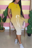 Yellow Fashion Gradient Printed Short Sleeve Dress