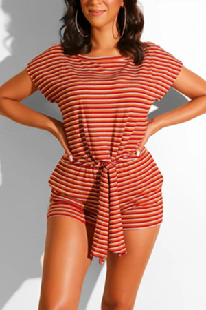 Red Fashion Casual Striped Short Sleeve Two-piece Set