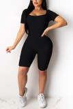 Black Sexy Fashion Hollow Solid Backless bandage Short Sleeve Turndown Collar Rompers