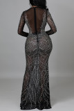 Black Fashion Sexy Patchwork Hot Drilling See-through O Neck Evening Dress Dresses