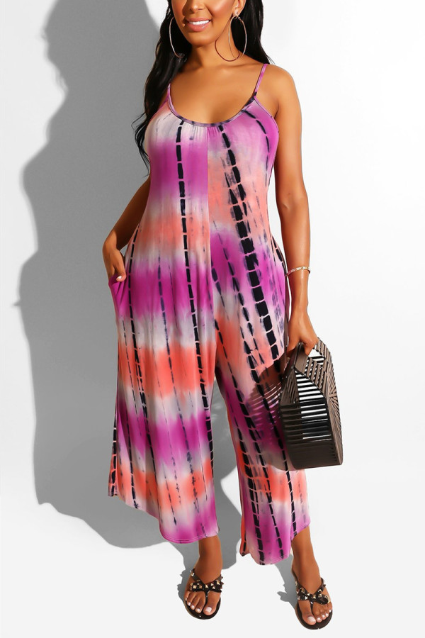 Purple Sexy Fashion Printed Sling Loose Jumpsuit