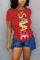 Red Stylish Sweet Letter Digital Positioning Print T-shirt