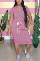 Pink Fashion Casual Short Sleeve Long Dress