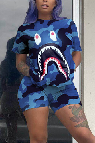 Blue Fashion Casual Printed Short Sleeve Top Sports Set