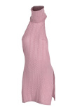 Pink Fashion Sexy Solid Hollowed Out Backless Slit Halter Sleeveless Dress