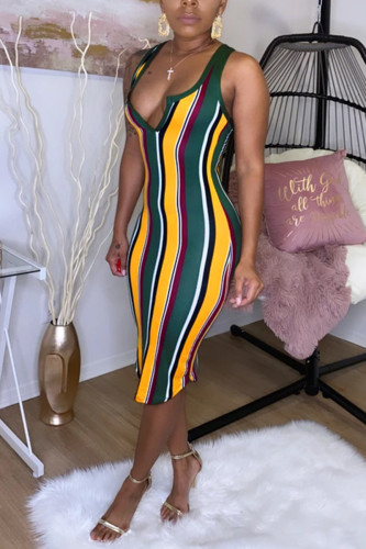 Wine Red Sexy Fashion Striped Sleeveless Dress