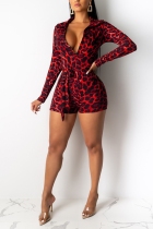 Red Sexy Leopard Print V-neck Long Sleeve Jumpsuit