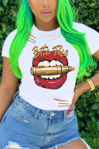 White Fashion Casual Lips Printed T-shirt
