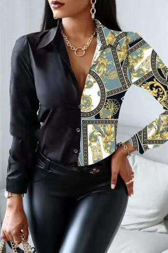 Green Fashion Casual Print Patchwork Turndown Collar Tops