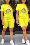 Yellow Fashion Casual Printed Short-sleeved T-shirt Set