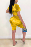 Yellow Fashion Casual Printed Short Sleeve Top Set