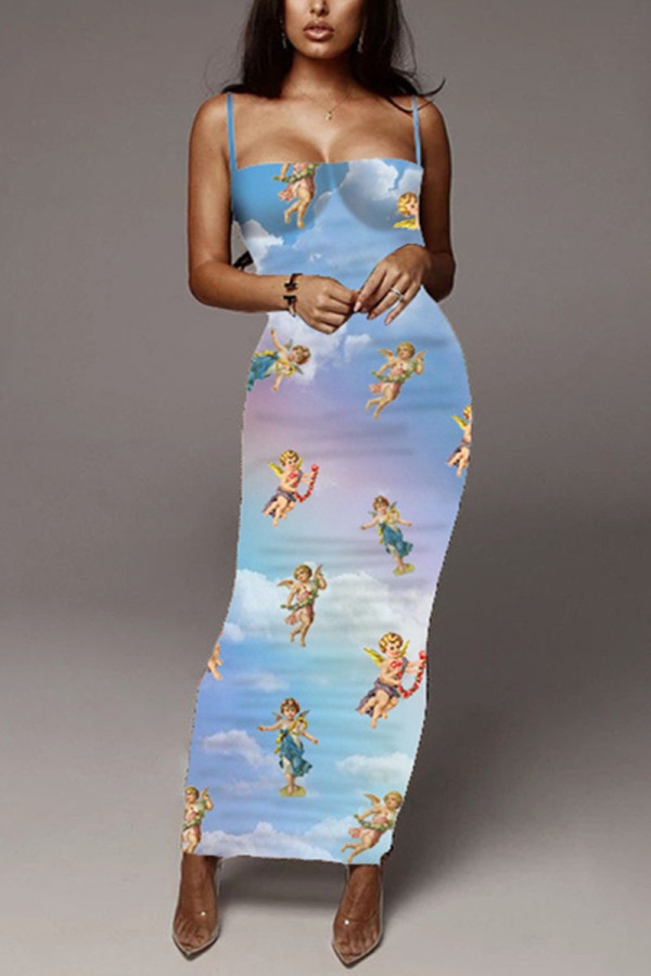Sky Blue Sexy Fashion Printed Sling Long Dress