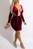 Red Fashion Sexy Solid Hollowed Out V Neck Long Sleeves Dresses