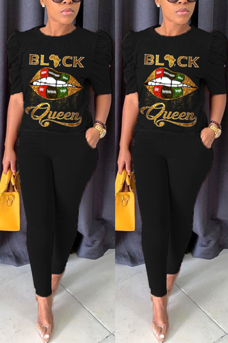 Black Fashion Casual Printed T-shirt Trousers Set