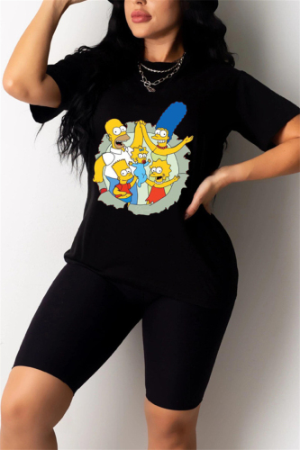 Black Fashion Cartoon Printed T-shirt Shorts Set